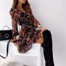 V Neck Floral Dress Spring Flower Printed Long Sleeve Dress with Lace-Up Ruffle and Chiffon Ideal for A-Line Party. iBuyXi.com