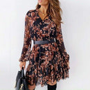 V Neck Floral Dress Spring Flower Printed Long Sleeve Dress with Lace-Up Ruffle and Chiffon Ideal for A-Line Party. iBuyXi.com
