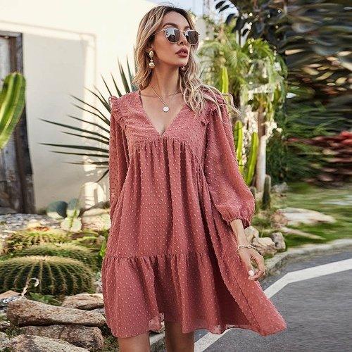 Lantern Sleeve V-Neck Ruffles Chiffon Embroidery Loose Boho Mini Dress S Lantern Sleeve V-Neck Ruffles Chiffon Embroidery Loose Boho Mini Dress S