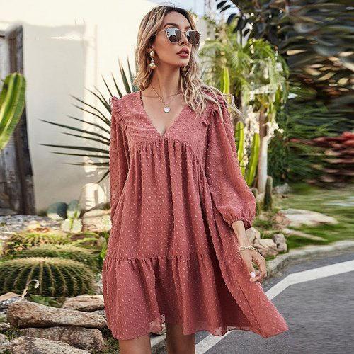 Lantern Sleeve V-Neck Ruffles Chiffon Embroidery Loose Boho Mini Dress S
