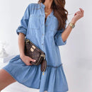 Long Sleeve Ruffled Denim Shirt Mini Dress, iBuyXi.com, Short dress, shirt dresses, summer collection women fashion