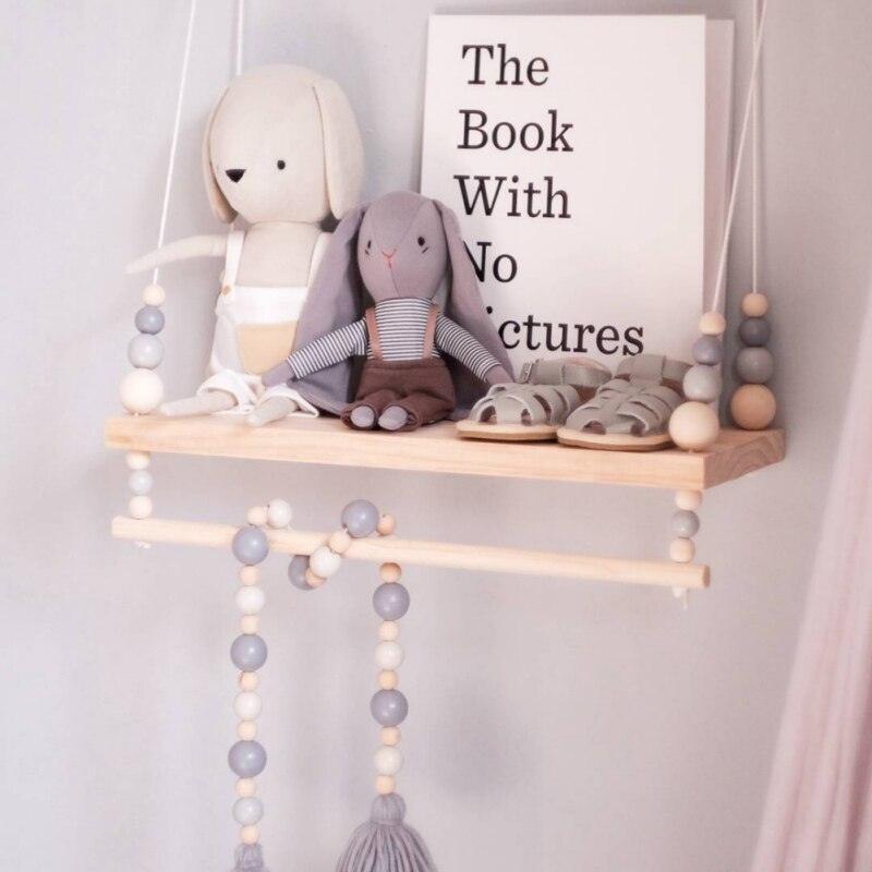 Swing Rope Floating Shelves Display Storage Rack Decor For Display Books,Nordic Style Hot Air Balloon, ,Nordic Style Wooden Beads Wall Hanging ShelfClock For Children Room,Cute Wall Clock Home Decoration,New style,iBuyXi.com