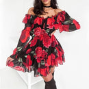 Off Shoulder, Ruffles Flower Printed Long Sleeve Dress with Elegant Chiffon Beach Holiday Vestidos. iBuyXi.com