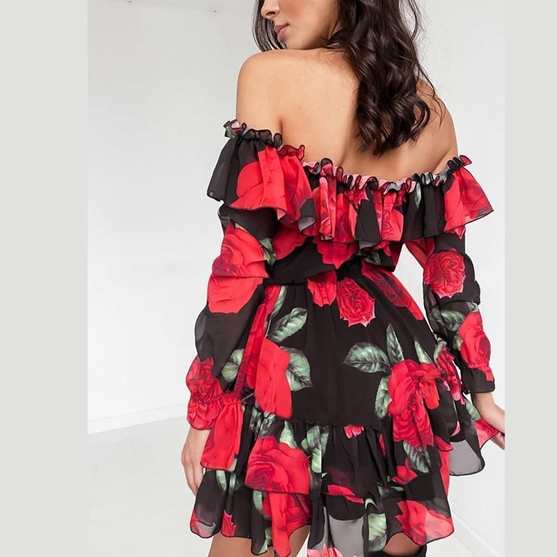 Off Shoulder, Ruffles Flower Printed Long Sleeve Dress with Elegant Chiffon Beach Holiday Vestidos. iBuyXi.com
