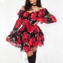 Off Shoulder, Ruffles Flower Printed Long Sleeve Dress with Elegant Chiffon Beach Holiday Vestidos. iBuyXi.com