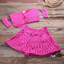 Crochet Hollow Out Swimsuit with Off Shoulder Crop Top Skirt For Beach, Holiday Bathing, and Swimming. iBuyXi.com