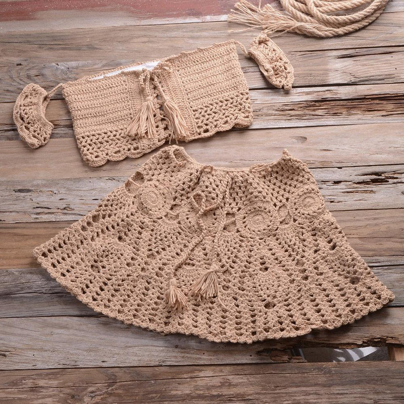 Crochet Hollow Out Swimsuit with Off Shoulder Crop Top Skirt For Beach, Holiday Bathing, and Swimming. iBuyXi.com
