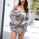 Off Shoulder Long Sleeve Floral Romper With Belt, iBuyXi.com, Summer outfits, playsuits, jumpsuits, floral printed mini dress, women clothing, stylish playsuits, unique mini dress 