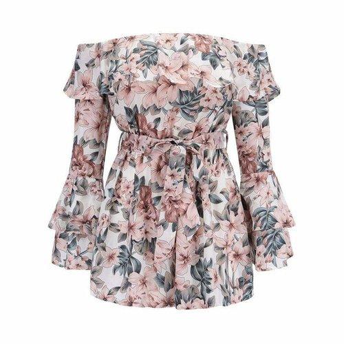 Off Shoulder Long Sleeve Floral Romper With Belt, iBuyXi.com, Summer outfits, playsuits, jumpsuits, floral printed mini dress, women clothing, stylish playsuits, unique mini dress 