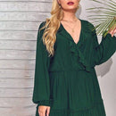 Plus Size Long Sleeve Ruffles, V-Neck Casual Boho Maxi Dress, iBuyXi.com, Green Color Long Sleeves,iBuyXi.com