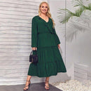 Plus Size Long Sleeve Ruffles, V-Neck Casual Boho Maxi Dress, iBuyXi.com, Green Color Long Sleeves,iBuyXi.com
