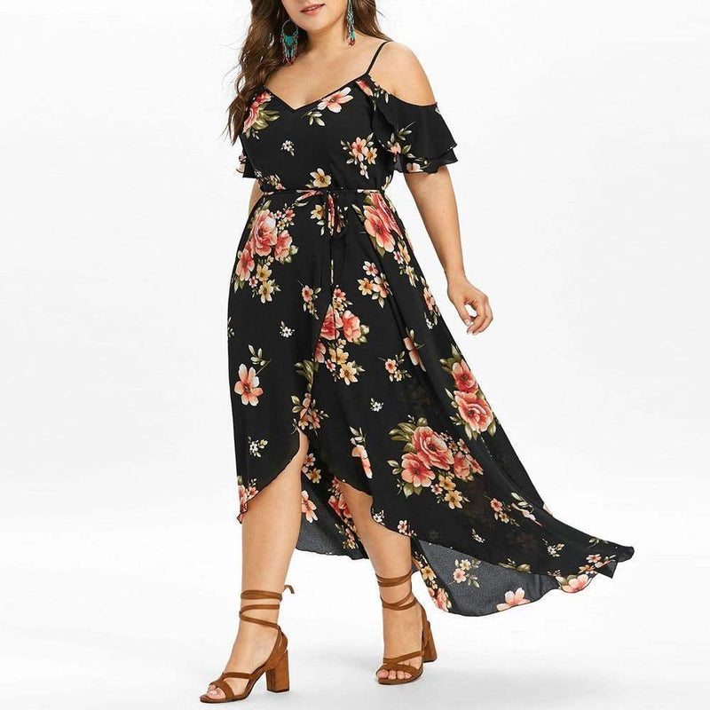 Plus Size Boho Floral Print Split V-Neck Maxi Dress