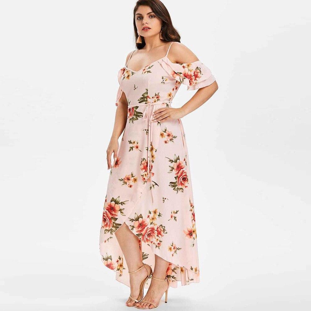 Plus Size Boho Floral Print Split V-Neck Maxi Dress Pink / 5XL / United States