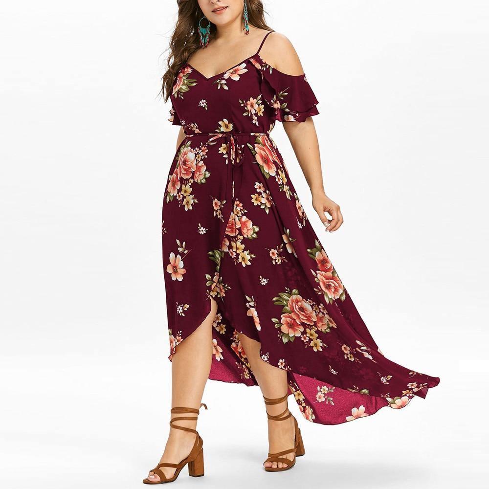 fitted lace wedding dress Plus Size Boho Floral Print Split V-Neck Maxi Dress