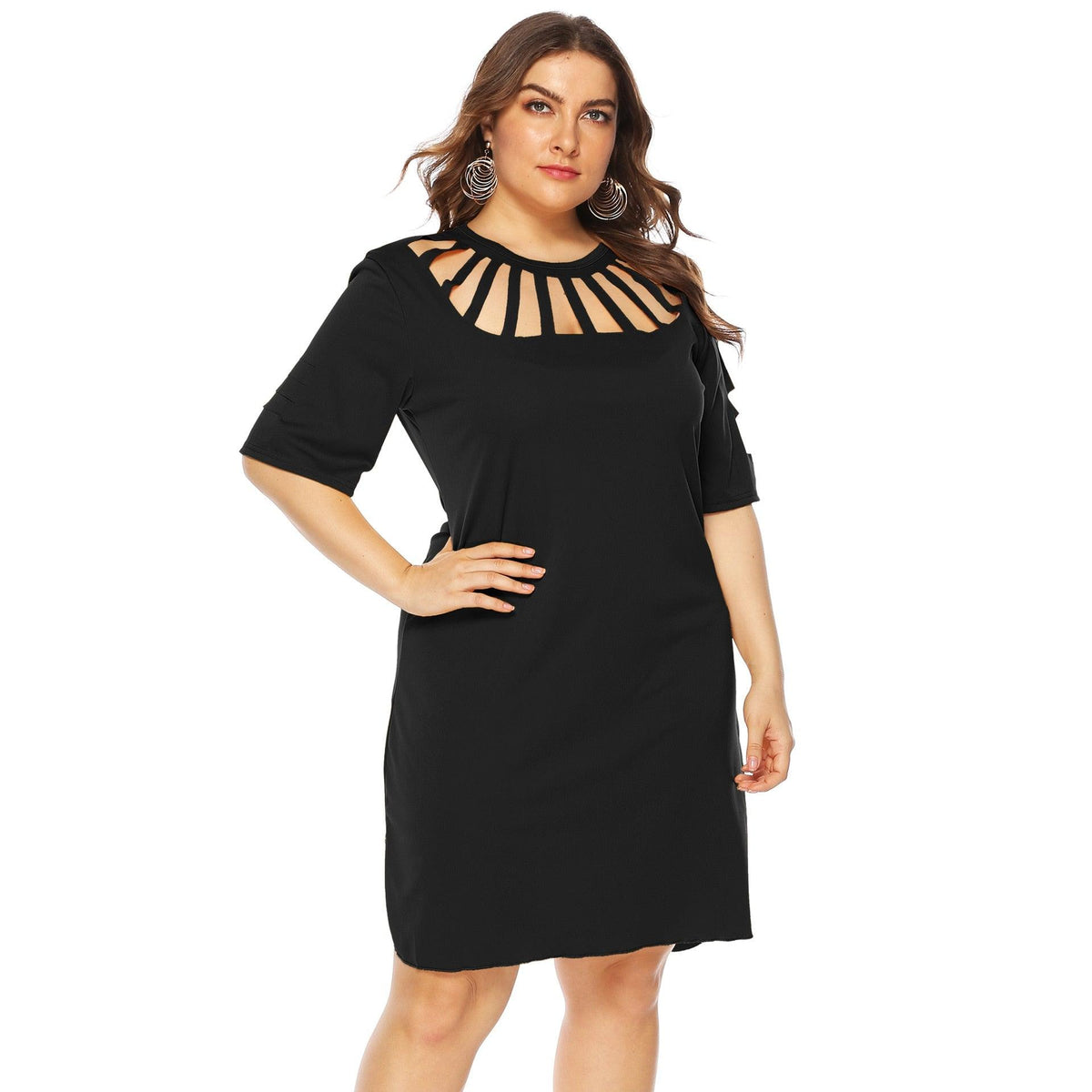 Plus Size Elegant O-Neck Hollow Out Half Sleeve Mini Dress Black / XXXL Plus Size Elegant O-Neck Hollow Out Half Sleeve Mini Dress Black / XXXL