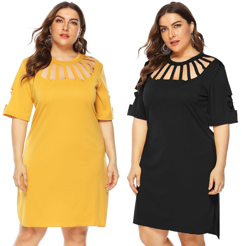 Plus Size Elegant O-Neck Hollow Out Half Sleeve Mini Dress, Hollow out, Body on, Long sleeve, Lightweight, Solid color, Club, Backless ,Cocktail, Casual style, Evening Party dresses for women and ladies mini dresses, iBuyXi.com