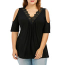 Plus Size Lace Trim V Neck Loose Cold Shoulder Top, iBuyXi.com - Shop Unique Selection Of Products, Online shopping store, Affirm Payment, Pay with Free Interest Installments, Women Shirt, Lace Trim V Neck Top, Loose Cold Shoulder Blouse, Summer Top, Casual Short Sleeve Blouse, Female Shirt.