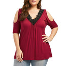 Plus Size Lace Trim V Neck Loose Cold Shoulder Top, iBuyXi.com - Shop Unique Selection Of Products, Online shopping store, Affirm Payment, Pay with Free Interest Installments, Women Shirt, Lace Trim V Neck Top, Loose Cold Shoulder Blouse, Summer Top, Casual Short Sleeve Blouse, Female Shirt.