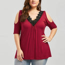 Plus Size Lace Trim V Neck Loose Cold Shoulder Top, iBuyXi.com - Shop Unique Selection Of Products, Online shopping store, Affirm Payment, Pay with Free Interest Installments, Women Shirt, Lace Trim V Neck Top, Loose Cold Shoulder Blouse, Summer Top, Casual Short Sleeve Blouse, Female Shirt.