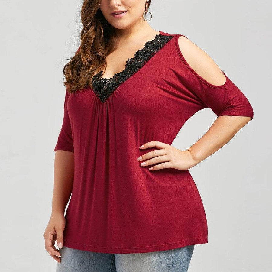 Plus Size Lace Trim V-Neck Loose Cold Shoulder Top