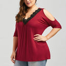 Plus Size Lace Trim V Neck Loose Cold Shoulder Top, iBuyXi.com - Shop Unique Selection Of Products, Online shopping store, Affirm Payment, Pay with Free Interest Installments, Women Shirt, Lace Trim V Neck Top, Loose Cold Shoulder Blouse, Summer Top, Casual Short Sleeve Blouse, Female Shirt.