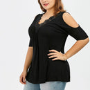 Plus Size Lace Trim V Neck Loose Cold Shoulder Top, iBuyXi.com - Shop Unique Selection Of Products, Online shopping store, Affirm Payment, Pay with Free Interest Installments, Women Shirt, Lace Trim V Neck Top, Loose Cold Shoulder Blouse, Summer Top, Casual Short Sleeve Blouse, Female Shirt.