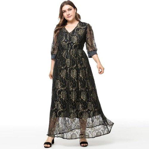 Plus Size Lace V-Neck Half Sleeves Lace Floral Maxi Dress Black / 4XL Plus Size Lace V-Neck Half Sleeves Lace Floral Maxi Dress Black / 4XL