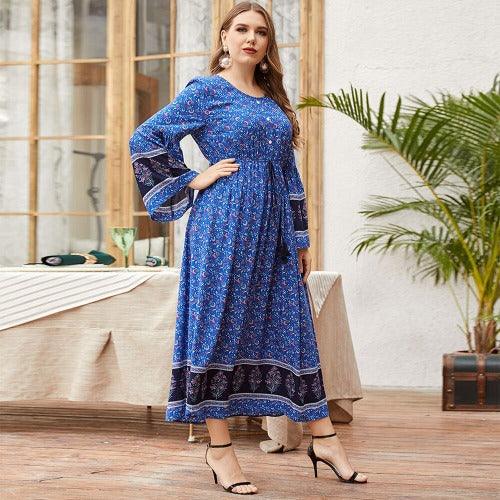 plus size long sleeve a line dresses Plus Size Long Sleeve A-Line Retro Floral Print Bohemian Maxi Dress L