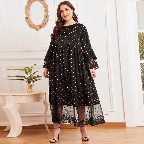 Plus Size Long Sleeve Polka Dot Print Lace Patchwork Maxi Swing Dress 4XL