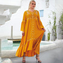 Plus Size Long Sleeves V Neck Embroidery Ruffles Maxi Long, Boho Beach Dress,2 Type Sleeve: Long sleeves, Sleeveless Maxi Floor Length, Exquisite Floral Printed, Deep V Neck, Bright Flower Pattern, Well-matched Waistband Belt, Loose but Curvy, Flowy well, Cute and Elegant, iBuyXi.com