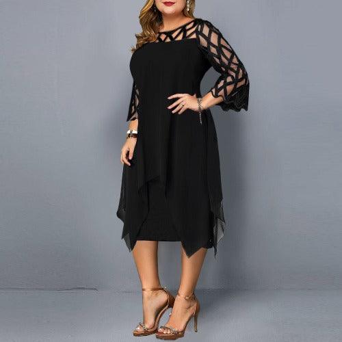 Elegant Hollow Out Detail Oversized Lace Mesh Plus Size Dresses, Black / 2XL