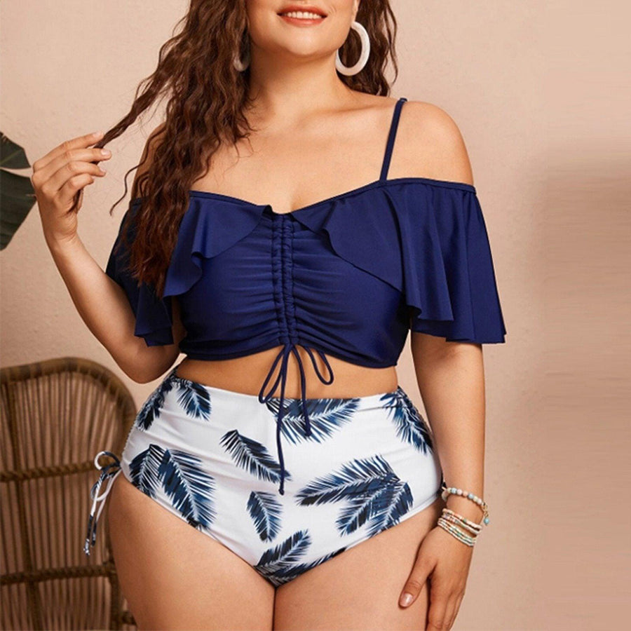 Plus Size Off Shoulder High Waisted Ruffled Tankini Set