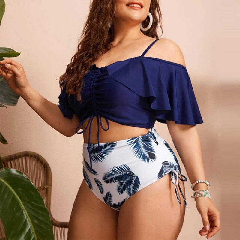 Plus Size Off Shoulder High Waisted Ruffled Tankini Set