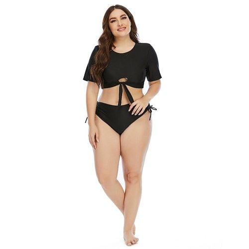 Plus Size Preppy Front-Tie Half Sleeve Bathing Suit, iBuyXi.com, Plus Size Black Swimming Suits, Plus Size Swimsuits, Plus Size Women Clothing, Plus Size Bikini Set