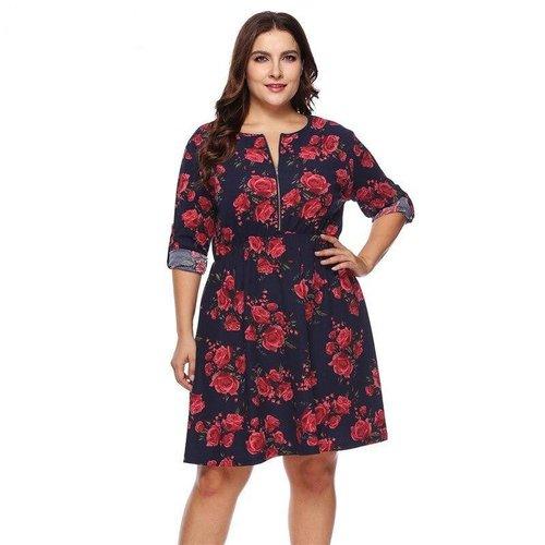 plus size midi dresses for summer Plus Size Floral O-Neck Casual Tunic Midi Dress
