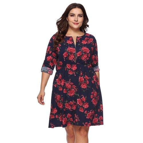 Plus Size Floral O-Neck Casual Tunic Midi Dress XL Plus Size Floral O-Neck Casual Tunic Midi Dress XL