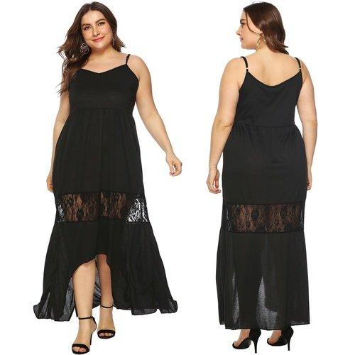 Plus Size Sleeveless Strap Lace Patchwork Maxi Dress Lace Mesh Maxi Dress, strap sleeveless Long dress, Ribbon style, Black Dress, iBuyXi.com
