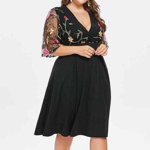 Plus Size V-Neck Floral Applique Dress, iBuyXi.com - Shop Unique Selection Of Products, Online shopping store, Affirm Payment, Pay with Free Interest Installments, Applique Dress, Plus Size Dress, V-Neck Swing Dress, Casual Evening Party Dress.