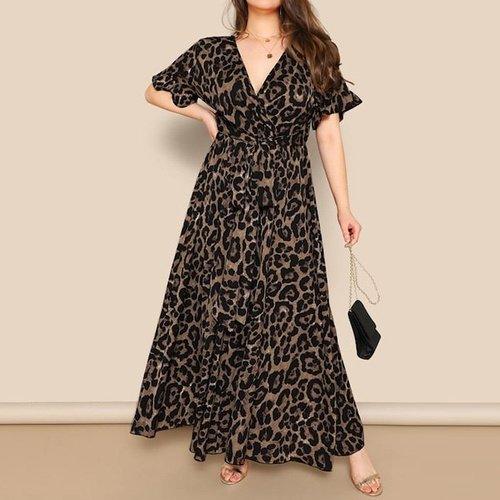 Plus Size V-Neck Leopard Print Maxi Dress