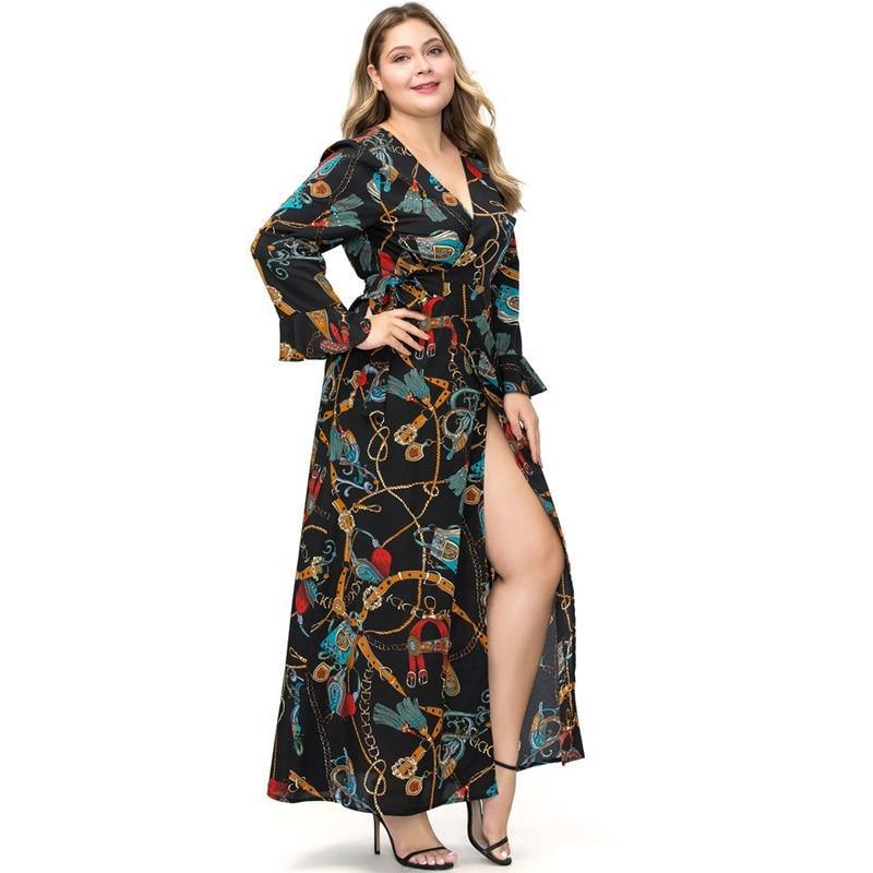 Plus Size V-Neck Long Sleeve Chain Print Retro Maxi Dress