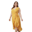 Plus Size V-Neck Sleeveless Polka Dot Printed ,Buttons Belt Yellow Ruffle Mini Dress, Sleeveless Frock, Waist Belt, sleeveless chiffon mini dress, Ribbon style , iBuyXi.com