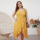 Plus Size V-Neck Sleeveless Polka Dot Printed ,Buttons Belt Yellow Ruffle Mini Dress, Sleeveless Frock, Waist Belt, sleeveless chiffon mini dress, Ribbon style , iBuyXi.com