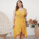 Plus Size V-Neck Sleeveless Polka Dot Printed ,Buttons Belt Yellow Ruffle Mini Dress, Sleeveless Frock, Waist Belt, sleeveless chiffon mini dress, Ribbon style , iBuyXi.com