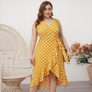 Plus Size V-Neck Sleeveless Polka Dot Printed ,Buttons Belt Yellow Ruffle Mini Dress, Sleeveless Frock, Waist Belt, sleeveless chiffon mini dress, Ribbon style , iBuyXi.com