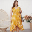 Plus Size V-Neck Sleeveless Polka Dot Printed ,Buttons Belt Yellow Ruffle Mini Dress, Sleeveless Frock, Waist Belt, sleeveless chiffon mini dress, Ribbon style , iBuyXi.com
