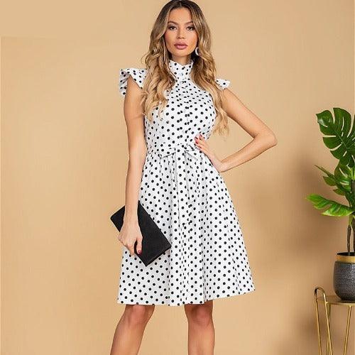 Polka Dot Print Vintage Ruffles, Stand Collar Single Breasted Sashes, A-line Midi Dress, Flared Floral Ruffle, casual Cocktail Party Dresses, A-Line Style for Women, iBuyXi.com