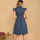 Polka Dot Print Vintage Ruffles, Stand Collar Single Breasted Sashes, A-line Midi Dress, Flared Floral Ruffle, casual Cocktail Party Dresses, A-Line Style for Women, iBuyXi.com