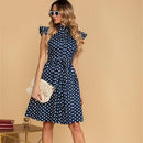 Polka Dot Print Vintage Ruffles, Stand Collar Single Breasted Sashes, A-line Midi Dress, Flared Floral Ruffle, casual Cocktail Party Dresses, A-Line Style for Women, iBuyXi.com