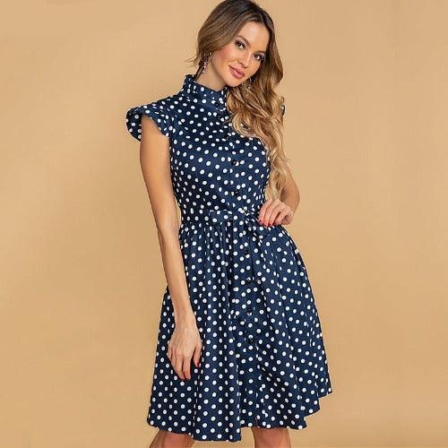 Polka Dot Print Vintage Ruffles, Stand Collar Single Breasted Sashes, A-line Midi Dress, Flared Floral Ruffle, casual Cocktail Party Dresses, A-Line Style for Women, iBuyXi.com