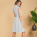 Polka Dot Print Vintage Ruffles, Stand Collar Single Breasted Sashes, A-line Midi Dress, Flared Floral Ruffle, casual Cocktail Party Dresses, A-Line Style for Women, iBuyXi.com